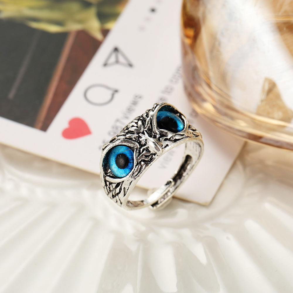 Personalized Retro Blue Eyes Owl  Ring